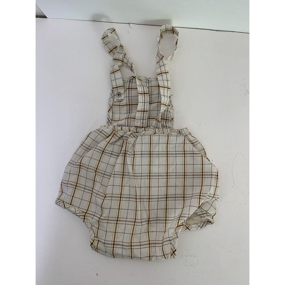 VINTAGE Romper Boys 9-12 Months One Piece Brown Plaid Built in Plastic Protector - Picture 3 of 5